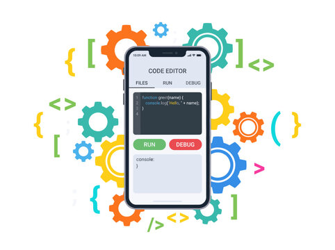 Minimalist flat vector illustration of a smartphone with UI elements and coding symbols, representing mobile app development and software engineering.