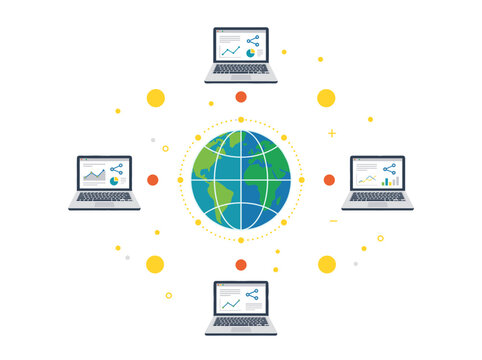 Flat vector illustration of a globe connected to nodes and devices, representing network setup, global communication, and internet infrastructure services.