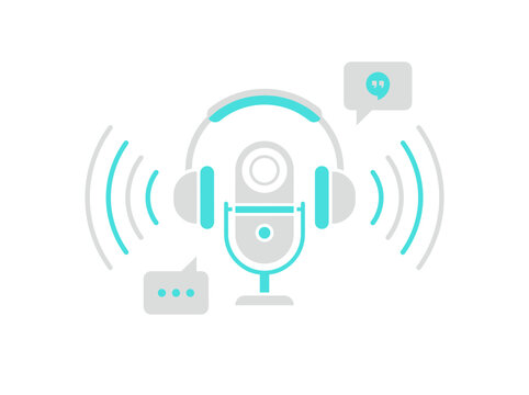 Minimalist flat vector illustration of a microphone and headphones, representing business communication, VoIP services, and video conferencing solutions.