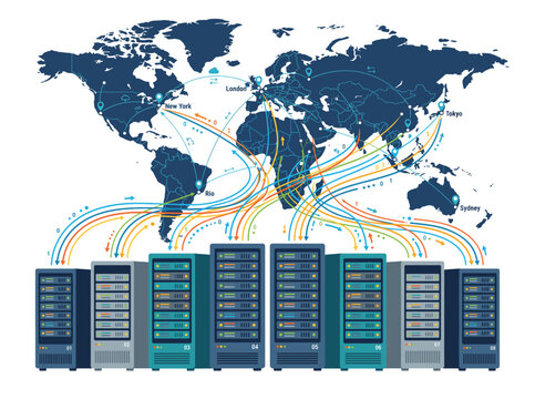 Minimalist flat vector illustration showing fast data movement between server racks and a world map, representing CDN services, website speed optimization, and data distribution.