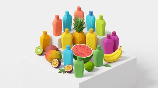 Colorful Low Poly Fruit Flavored Cosmetic Bottles and Fresh Fruits