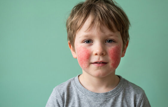 Portrait of Young Boy with Slapped Cheek Syndrome Fifth Disease Red Rash on Face