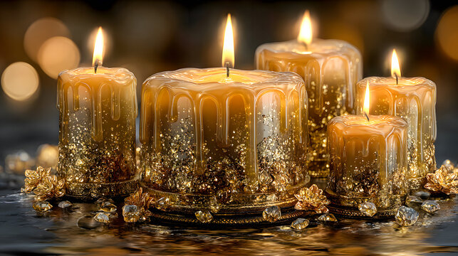 Group of golden candles burning with glitter decoration indoors  