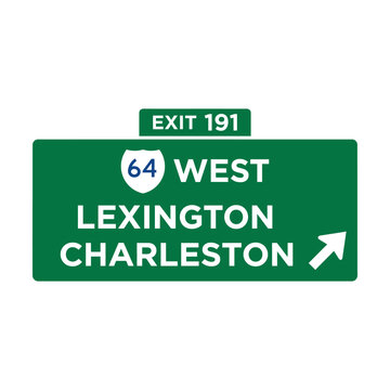 Green interstate highway road sign for exit 191 to lexington and charleston on route 64 west Vector