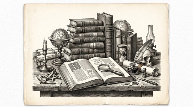 Vintage study desk with books globes skull and scientific instruments