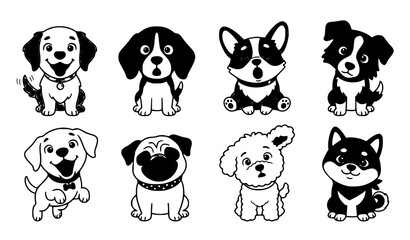 Fototapeta premium Cute Baby Puppy Dogs Cartoon Faces Expressions Vector Character Collection