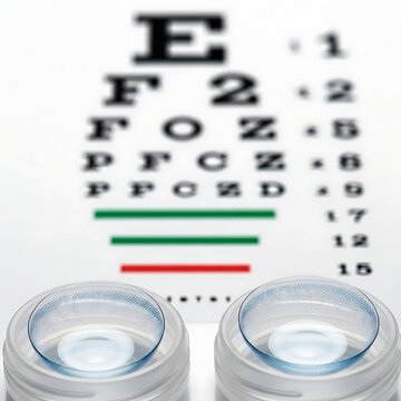Clear Blue Contact Lenses Resting in Cases Before Blurred Eye Chart