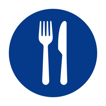 Blue circle sign icon with white fork and knife symbol for restaurant and dining location Vector
