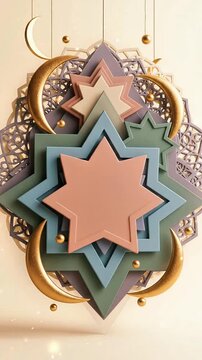 Layered eight‑pointed star design in soft pastel tones&mdash;blush, sage, blue, lavender&mdash;paired with polished golden crescents, filigree lace frame & hanging spheres, elegant dimensional decor.