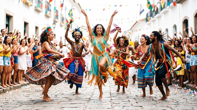 People dancing in colorful costumes during a street festival celebration