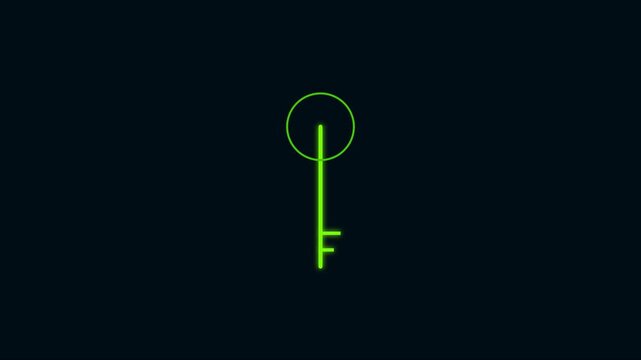 Neon green digital key animation, cyber security concept, glowing abstract technology symbol on dark 4k background