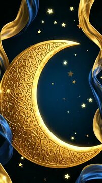Shimmering golden crescent moon adorned with intricate patterns, floating stars, rich navy‑blue silk ribbons&mdash;luxurious elegant design on deep dark sky, festive Islamic‑themed beauty.