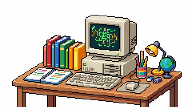 Retro pixel art desk with vintage computer books and globe