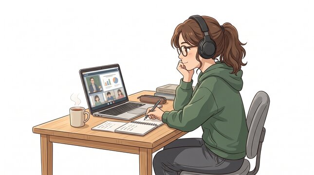 Student attending online class on laptop wearing headphones and taking notes
