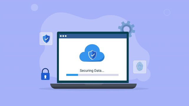 Animated laptop with Securing Data interface, cloud security icon, locks, shield, and gear elements, representing cybersecurity, data protection, software security, and digital technology.