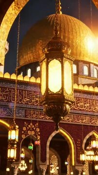 Grand golden‑domed building rises along lantern‑lit paved street; glowing windows, deep starry sky, warm peaceful night atmosphere, elegant Islamic architecture & timeless festive charm.