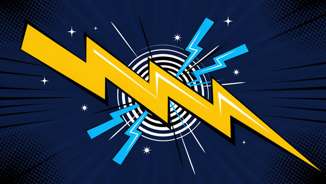 Comic book style yellow and blue lightning bolts on a dark blue patterned background with lightning background electric illustration abstract