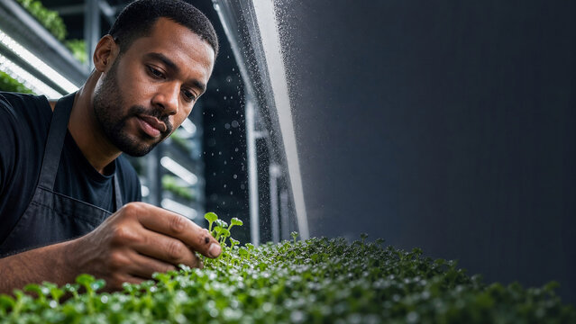 Agritech Specialist Inspecting Microgreens in Urban Vertical Farm - Climate Resilient Agriculture - ESG Investor Deck Background - Crisp Full Spectrum Light
