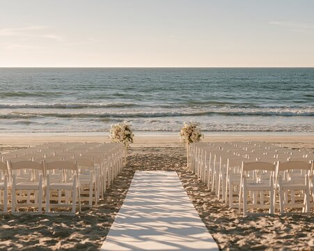 Empty beach wedding ceremony setup with white folding chairs aisle and floral arrangements overlooking calm ocean at golden hour, with beach, wedding, ceremony, chair detail