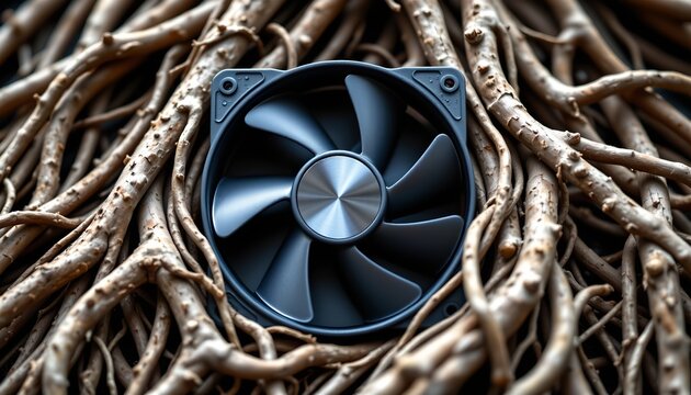 The image features a black computer cooling fan positioned in the center, resting amidst a tangled mass of light brown, slender, and twisted tree roots or branches