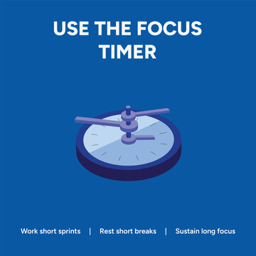 Isometric focus timer vector with productivity text, blue clock for time management and work sprints, pomodoro technique concept for deep work and efficiency, professional business graphic