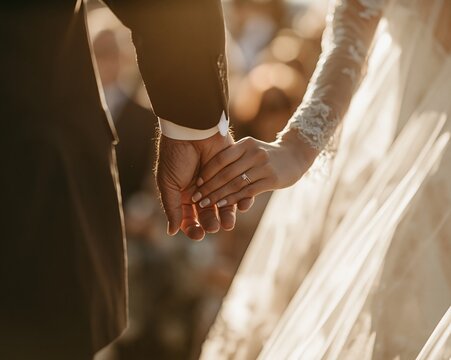 Father linking hands with bride while walking daughter down aisle during outdoor wedding ceremony golden light intimate moment, with wedding, bride, father, hand detail