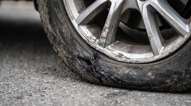 Damaged Car Tire and Scratched Rim on Asphalt