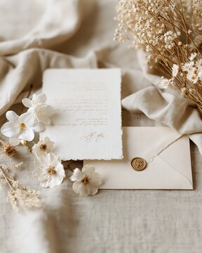 Elegant wedding invitation suite with envelope wax seal and dried flowers flat lay on linen, with wedding, invitation, envelope, waxseal detail, showing driedflower, linen, flatlay, stationery context