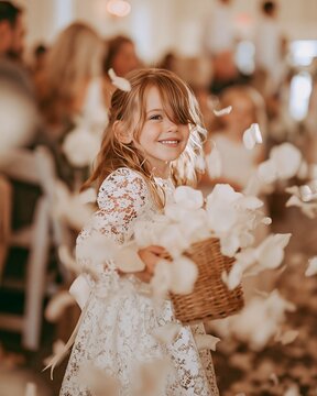 Smiling flower girl scattering white rose petals down wedding aisle in warm soft light, wearing lace dress and carrying wicker basket during joyful ceremony moment