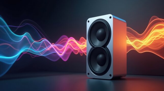 Altavoz moderno que proyecta vibrantes ondas sonoras multicolores
