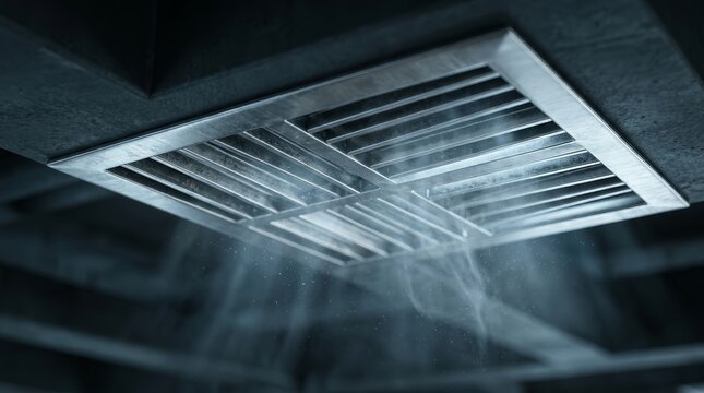 Close up of a ventilation grille with dust and air movement during maintenance.