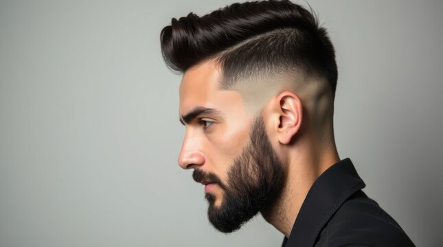 Vista de perfil de un hombre con un corte de pelo degradado muy marcado que disminuye gradualmente de longitud