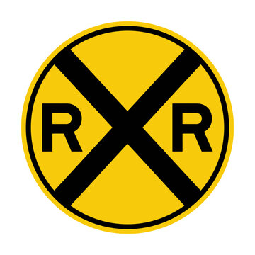 Yellow circular railroad crossing sign with black r r letters and cross shape Vector