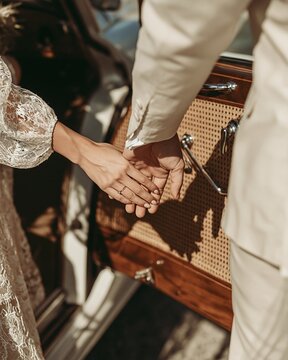 Groom gently holding bride hand while helping her into vintage car during wedding celebration with warm light, intimate gesture, elegant attire, classic details, romantic mood