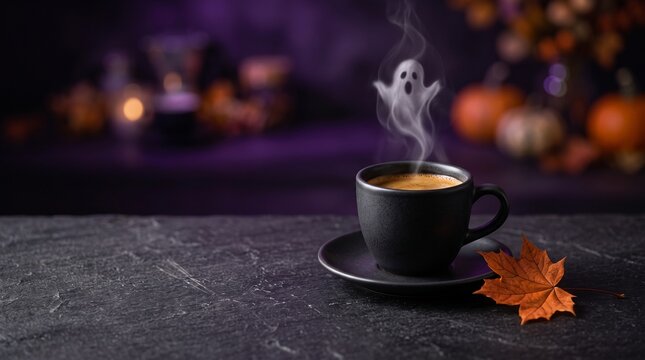 A spooky Halloween cup of hot coffee with steam shaped like a ghost on a dark stone table with an autumn maple leaf, festive seasonal beverage photography concept