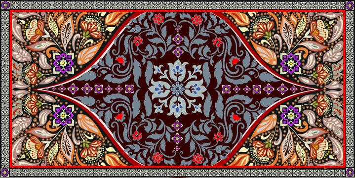 Traditional Thai and Asian vintage floral vector pattern background. Intricate seamless-style floral motif with ornate paisley elements, mandala center, and decorative border design in warm tones, ide