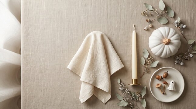 Minimalist autumn table setting with a white ceramic pumpkin, elegant tall ivory taper candle, linen napkin, and decorative acorns on a neutral beige background