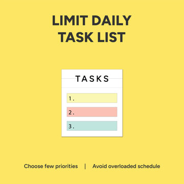 Minimalist daily task list vector illustration, productivity schedule with three priority items on yellow background, time management checklist for efficient workflow and planning.