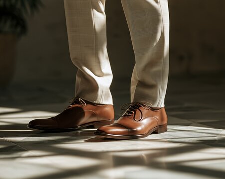 Polished brown leather dress shoes with tailored light trousers on patterned tile floor, lit by soft dappled sunlight for formal menswear styling detail, with shoe, leather, brown, dress detail