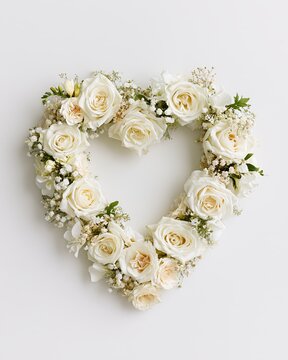 Heart-shaped wreath of white roses and delicate filler flowers on plain light background, with heart, wreath, rose, white detail, showing flower, floral, bouquet, arrangement context