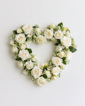 Heart-shaped wreath of white roses and baby's breath on light background for wedding sympathy decor or romantic gift presentation, with wreath, heart, rose, white detail
