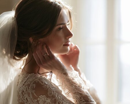 Bridal portrait adjusting earring in soft window light with lace gown and veil, with bride, bridal, portrait, profile detail, showing earring, adjusting, preparation, veil context