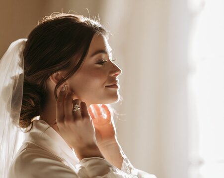 Bride adjusting earring in soft window light with veil and elegant profile expression, with bride, earring, veil, portrait detail, showing profile, window, light, natural context