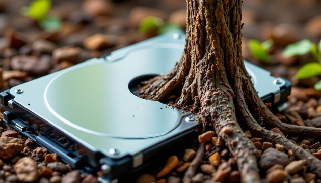 The image depicts a tree growing through the center of a partially removed hard disk drive, with the roots and trunk extending upward while the metallic surface of the disk remains intact