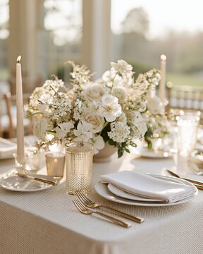Elegant reception table setting with ivory linens gold flatware and floral centerpiece under soft daylight, with reception, table, setting, ivory detail, showing linen, napkin, plate, dinnerware