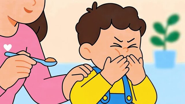 Cute Mother Feeding Her Reluctant Toddler Son Who Refuses to Eat Healthy Food in a Flat Cartoon Illustration Style
