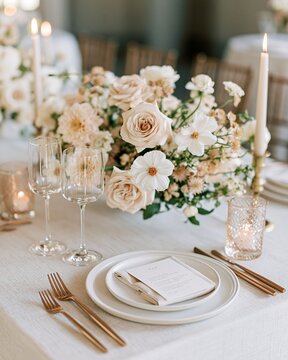 Elegant reception table setting with ivory linens gold flatware and floral centerpiece, with reception, table, setting, ivory detail, showing linen, gold, flatware, floral context