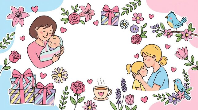 Floral Mother's Day celebration design with blooming flowers, presents, and tender moments between mothers and kids.