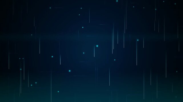 Abstract Digital Rain Background with Glowing Particles and Vertical Data Lines.