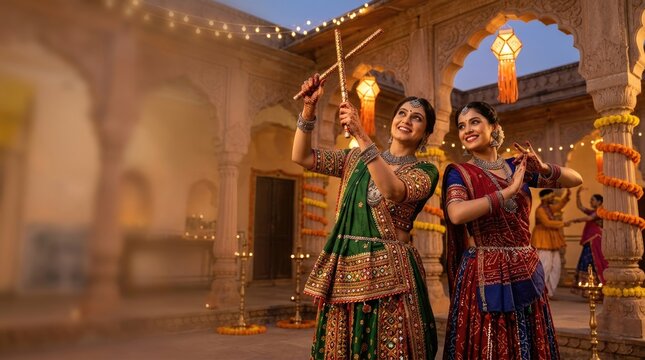 Indian woman dancing dandiya garba during navaratri celebration, wearing traditional embroidered lehenga choli dress, holding decorated wooden stick under courtyard lantern light.